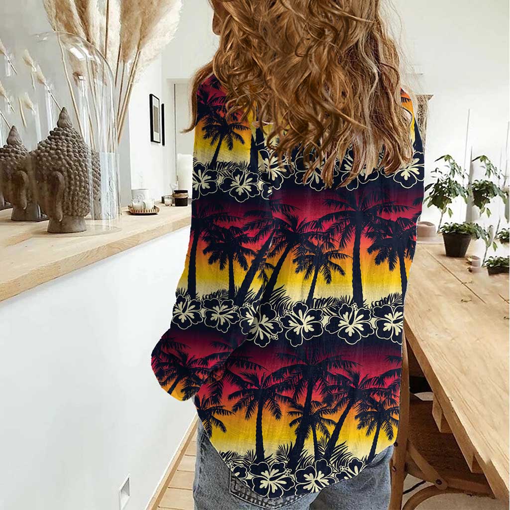 Hawaii Hibiscus Palm Tree Sunset Women Casual Shirt Tropical Style - Polynesian Pride