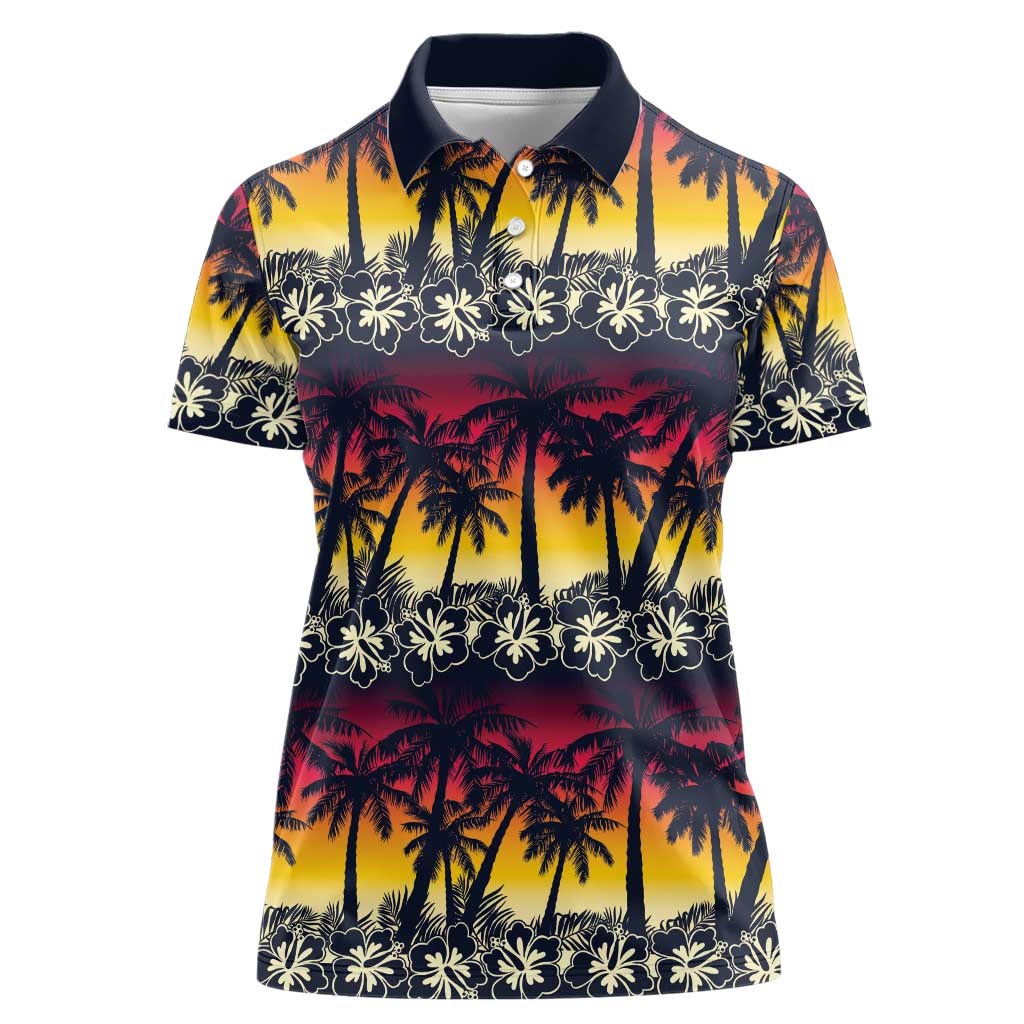 Hawaii Hibiscus Palm Tree Sunset Women Polo Shirt Tropical Style - Polynesian Pride
