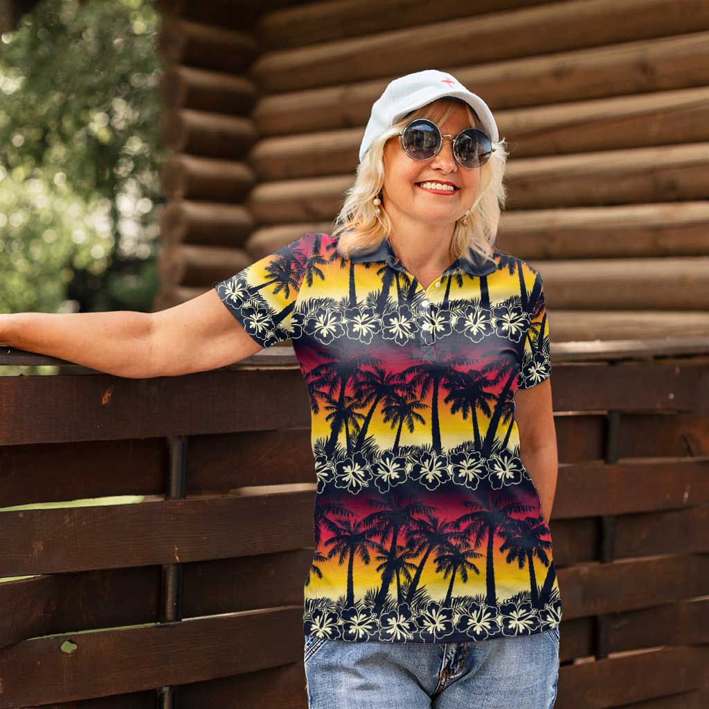 Hawaii Hibiscus Palm Tree Sunset Women Polo Shirt Tropical Style - Polynesian Pride