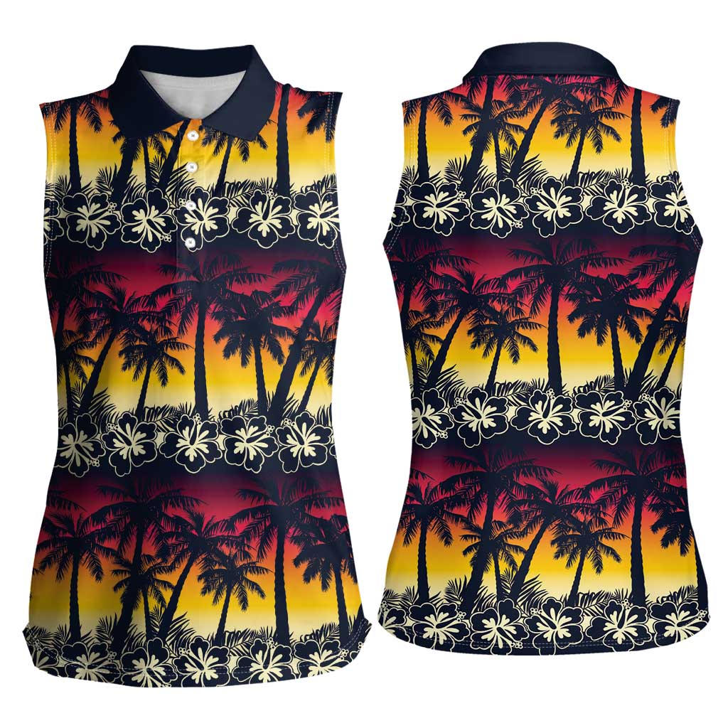 Hawaii Hibiscus Palm Tree Sunset Women Sleeveless Polo Shirt Tropical Style - Polynesian Pride