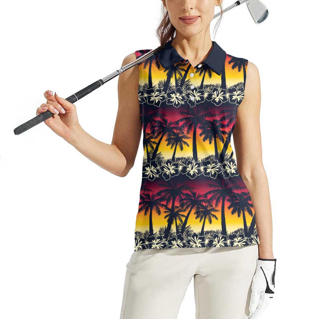 Hawaii Hibiscus Palm Tree Sunset Women Sleeveless Polo Shirt Tropical Style - Polynesian Pride
