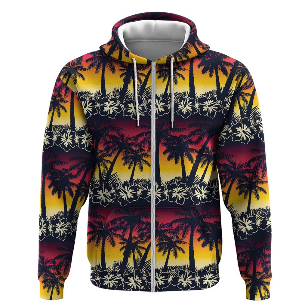 Hawaii Hibiscus Palm Tree Sunset Zip Hoodie Tropical Style - Polynesian Pride
