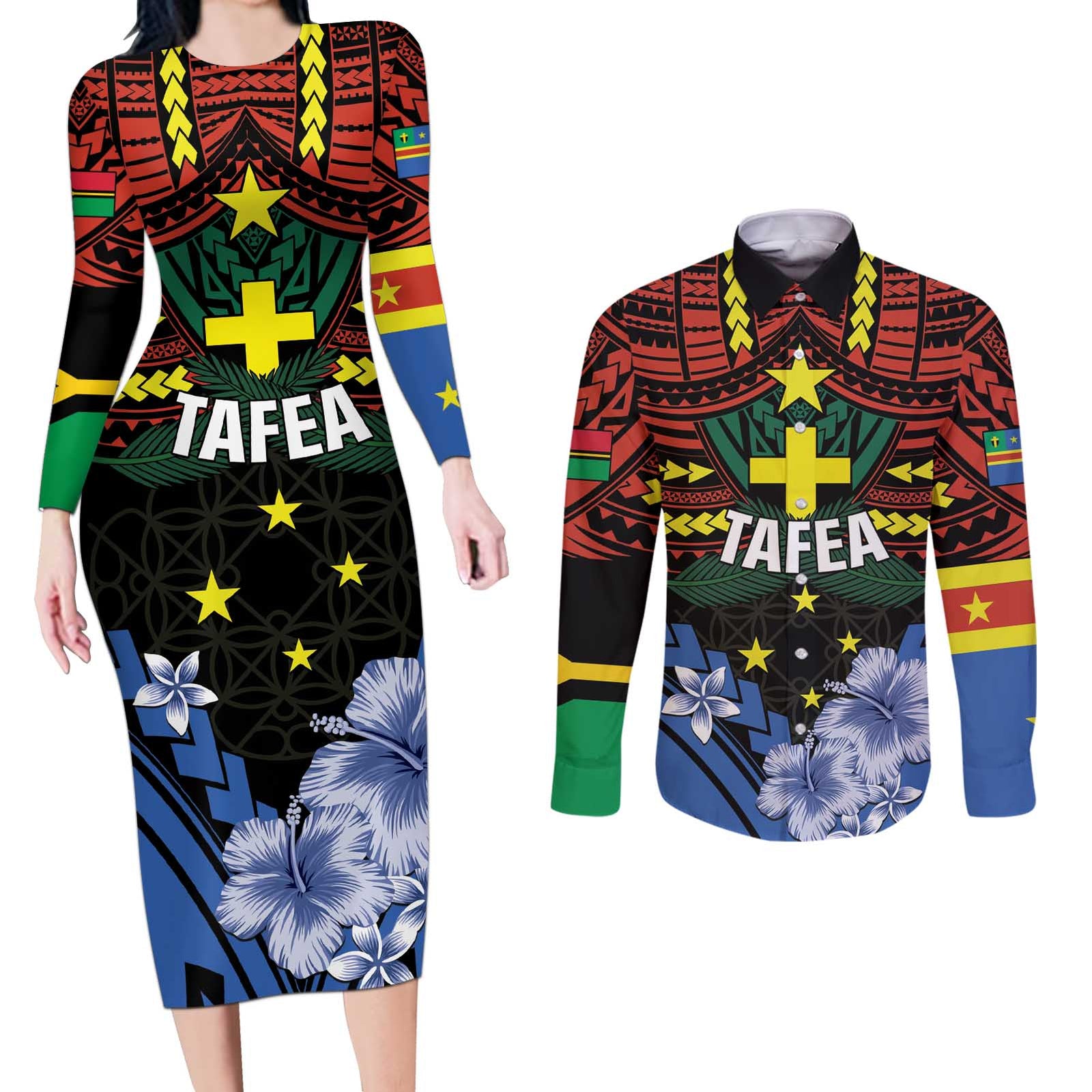 Personalised Vanuatu Tafea Province Couples Matching Long Sleeve Bodycon Dress and Long Sleeve Button Shirt Unique Tropical Tribal Pattern LT01 Colorful - Polynesian Pride