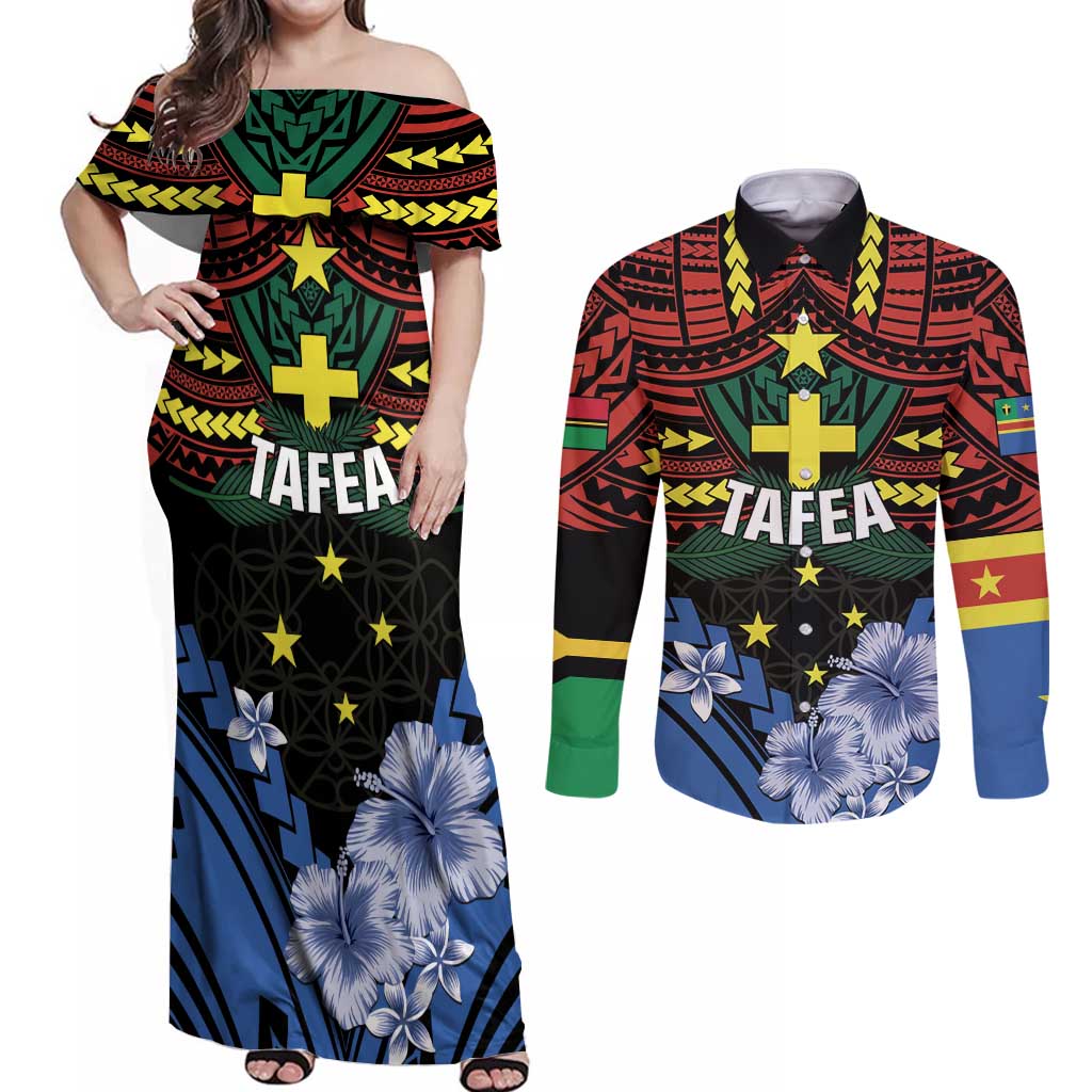 Personalised Vanuatu Tafea Province Couples Matching Off Shoulder Maxi Dress and Long Sleeve Button Shirt Unique Tropical Tribal Pattern LT01 Colorful - Polynesian Pride