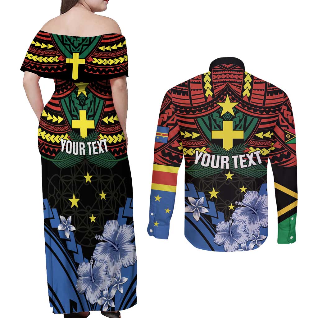 Personalised Vanuatu Tafea Province Couples Matching Off Shoulder Maxi Dress and Long Sleeve Button Shirt Unique Tropical Tribal Pattern LT01 - Polynesian Pride