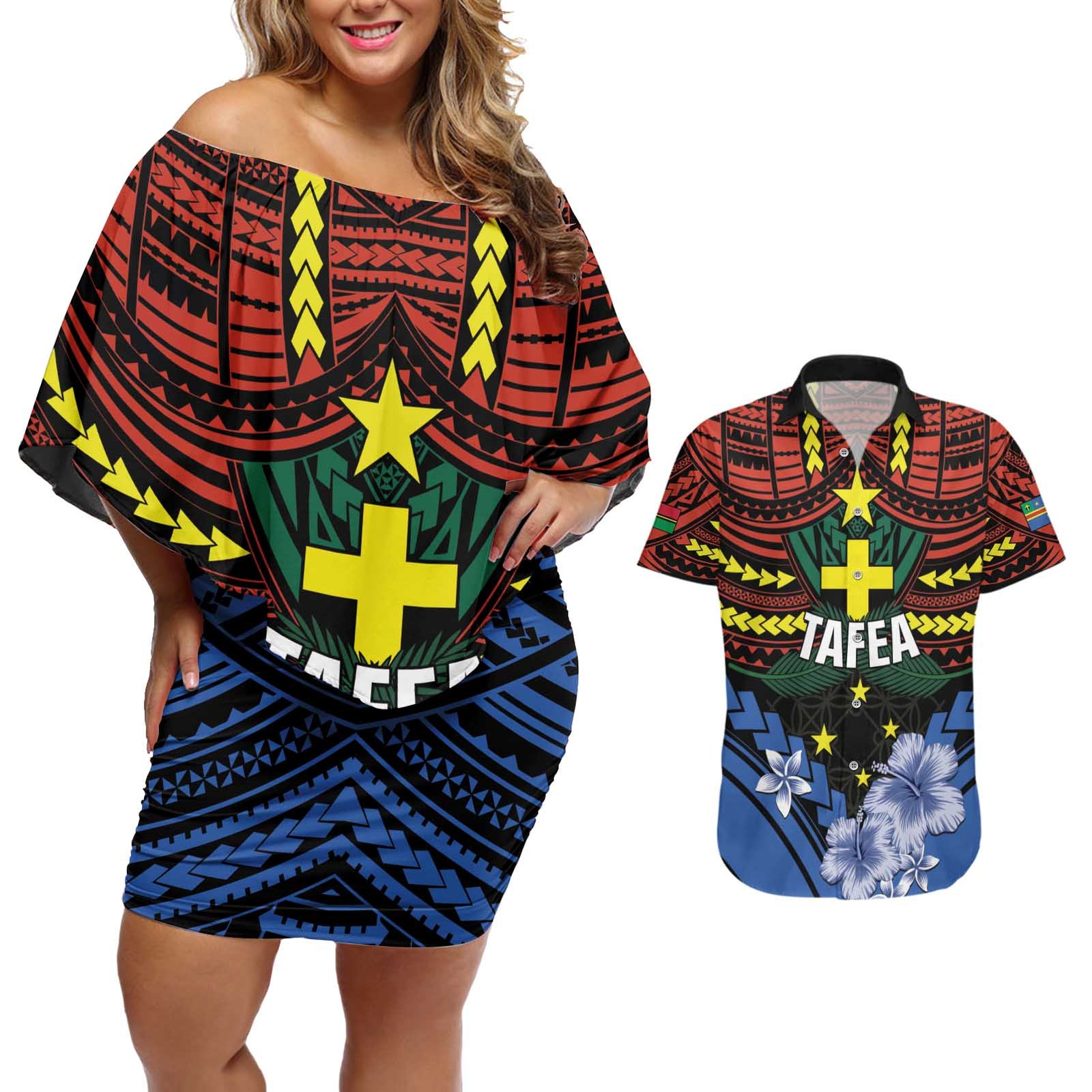 Personalised Vanuatu Tafea Province Couples Matching Off Shoulder Short Dress and Hawaiian Shirt Unique Tropical Tribal Pattern LT01 Colorful - Polynesian Pride