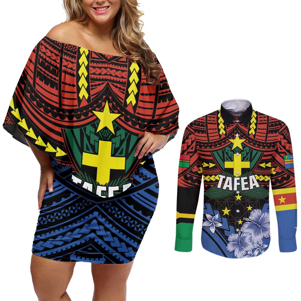 Personalised Vanuatu Tafea Province Couples Matching Off Shoulder Short Dress and Long Sleeve Button Shirt Unique Tropical Tribal Pattern LT01 Colorful - Polynesian Pride