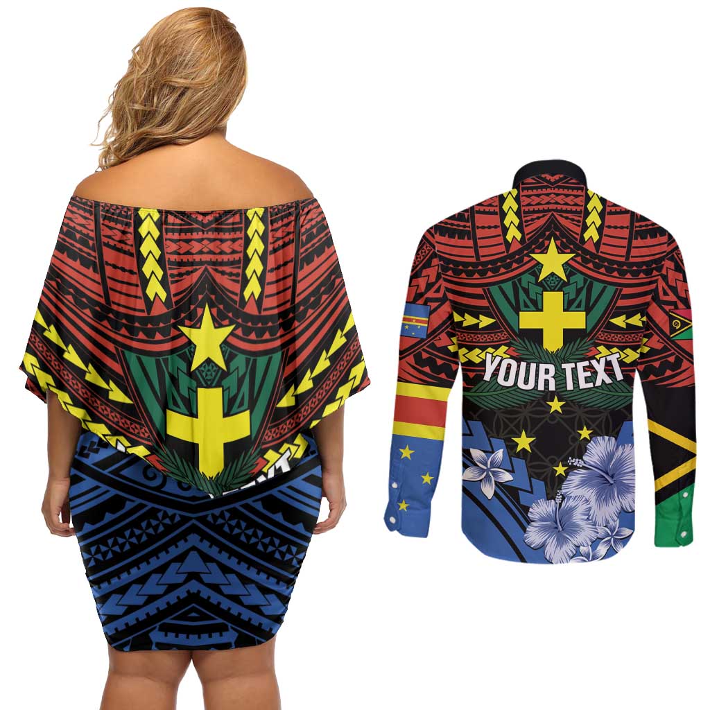 Personalised Vanuatu Tafea Province Couples Matching Off Shoulder Short Dress and Long Sleeve Button Shirt Unique Tropical Tribal Pattern LT01 - Polynesian Pride