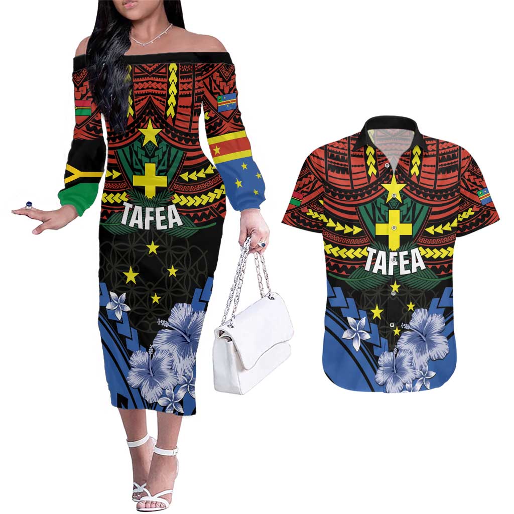 Personalised Vanuatu Tafea Province Couples Matching Off The Shoulder Long Sleeve Dress and Hawaiian Shirt Unique Tropical Tribal Pattern LT01 Colorful - Polynesian Pride