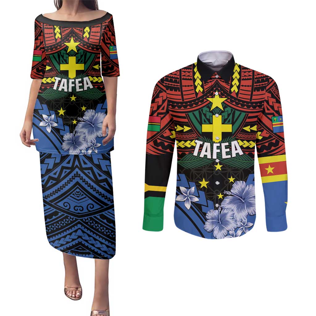 Personalised Vanuatu Tafea Province Couples Matching Puletasi and Long Sleeve Button Shirt Unique Tropical Tribal Pattern LT01 Colorful - Polynesian Pride