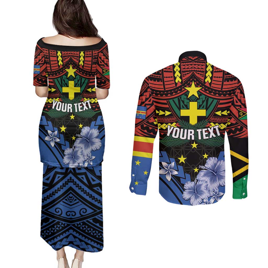 Personalised Vanuatu Tafea Province Couples Matching Puletasi and Long Sleeve Button Shirt Unique Tropical Tribal Pattern LT01 - Polynesian Pride