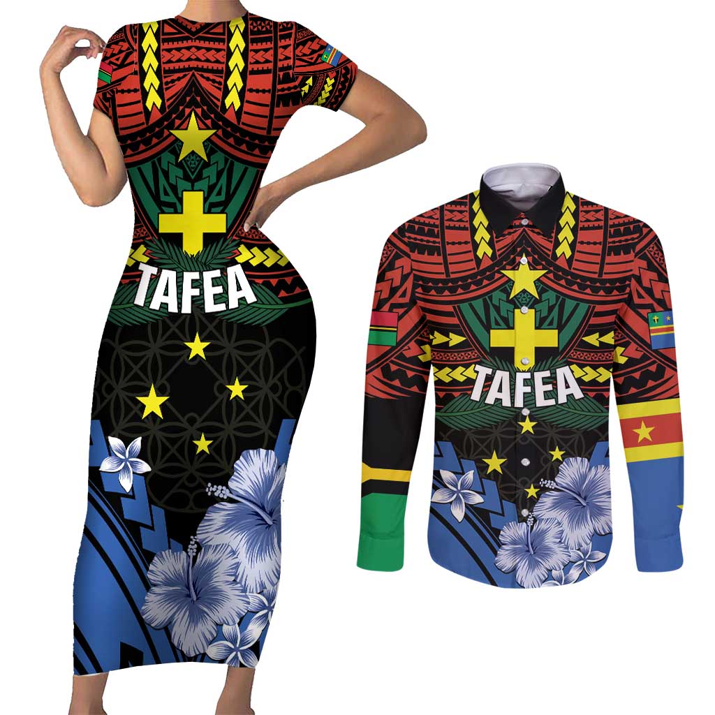 Personalised Vanuatu Tafea Province Couples Matching Short Sleeve Bodycon Dress and Long Sleeve Button Shirt Unique Tropical Tribal Pattern LT01 Colorful - Polynesian Pride