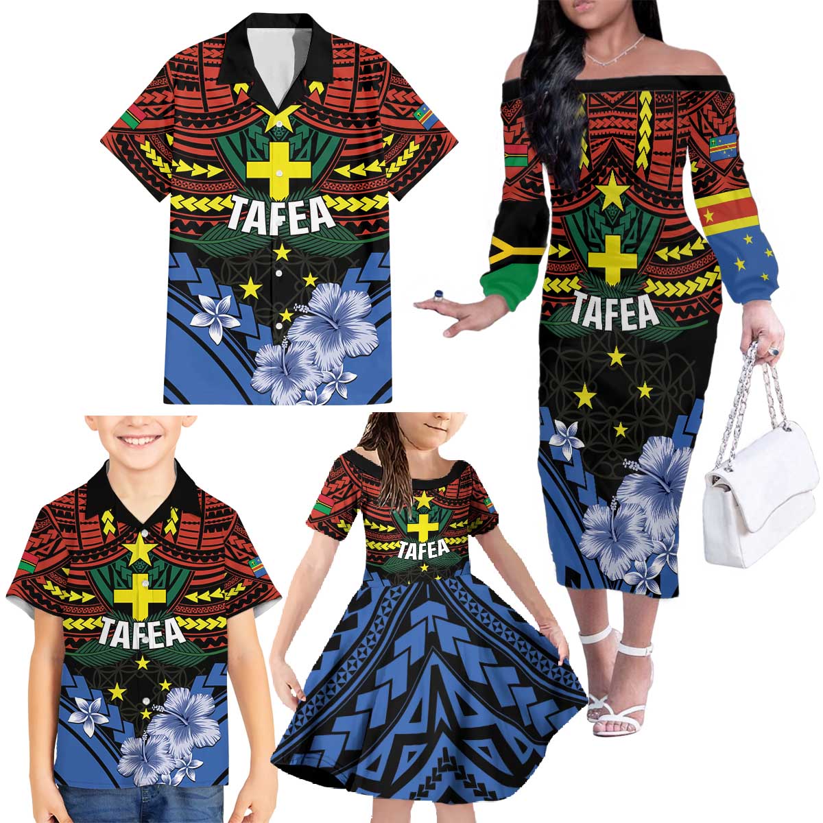 Personalised Vanuatu Tafea Province Family Matching Off The Shoulder Long Sleeve Dress and Hawaiian Shirt Unique Tropical Tribal Pattern