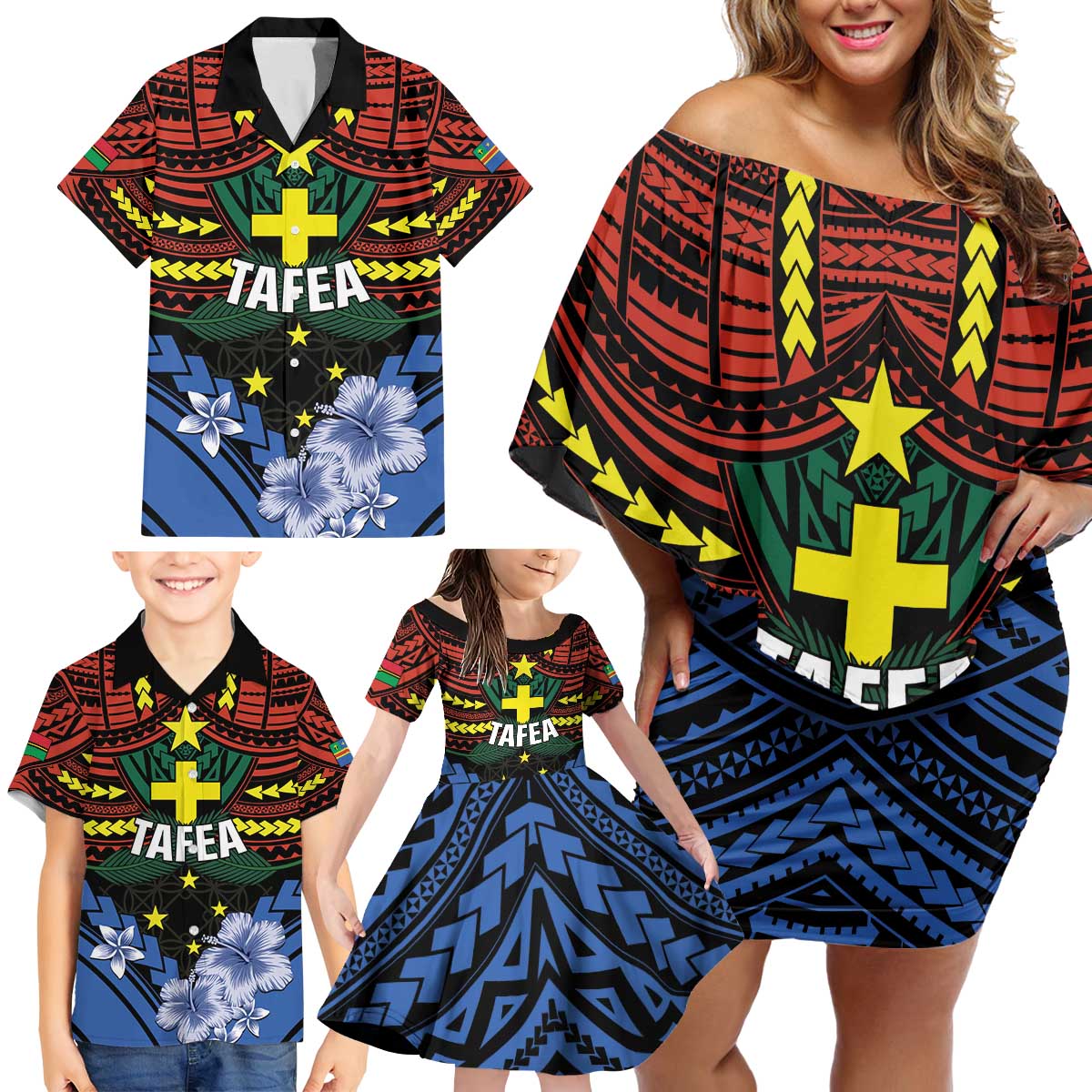 Personalised Vanuatu Tafea Province Family Matching Off Shoulder Short Dress and Hawaiian Shirt Unique Tropical Tribal Pattern LT01 - Polynesian Pride