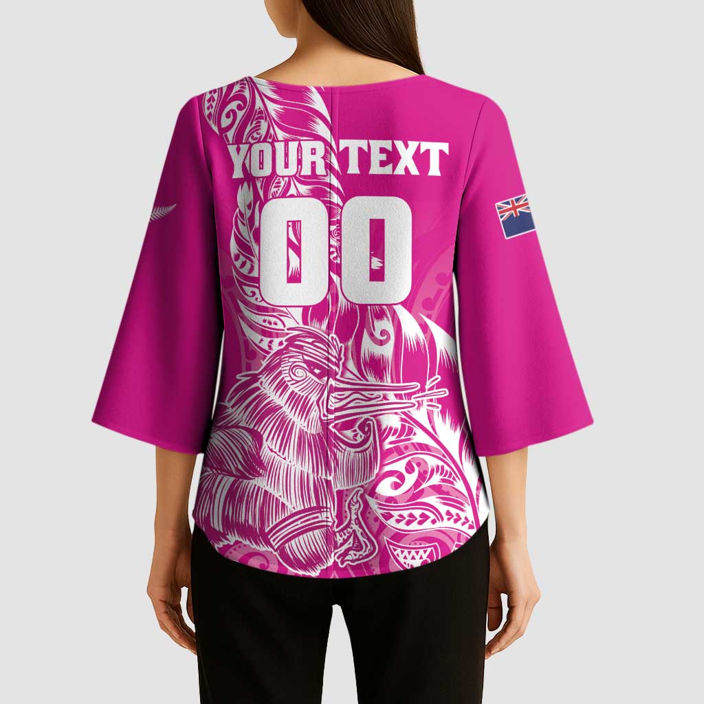 Custom New Zealand Rugby Silver Fern Kimono Sleeve Blouse Aotearoa Kiwi Maori Pink Version - Polynesian Pride