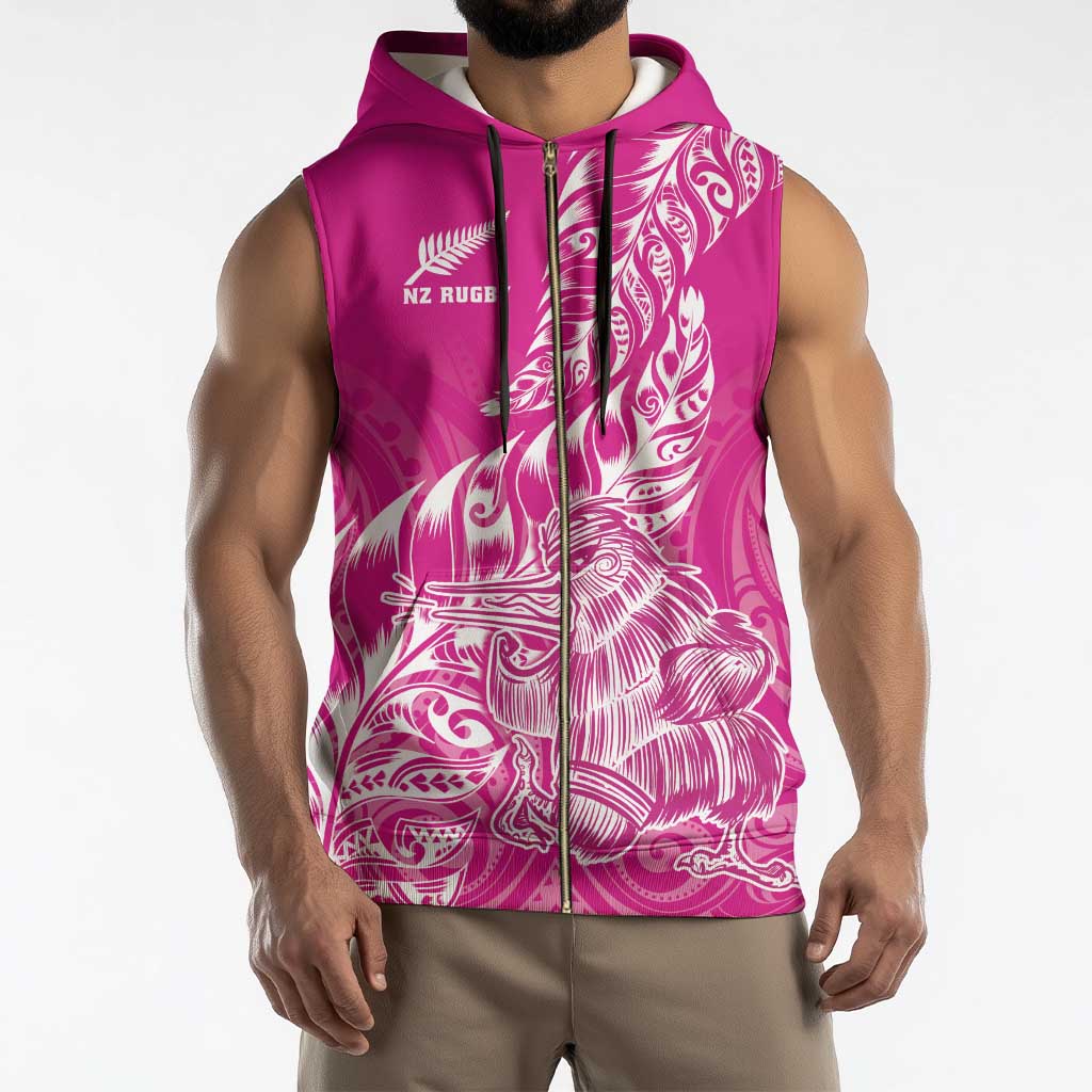 Custom New Zealand Rugby Silver Fern Sleeveless Zip Hoodie Aotearoa Kiwi Maori Pink Version - Polynesian Pride