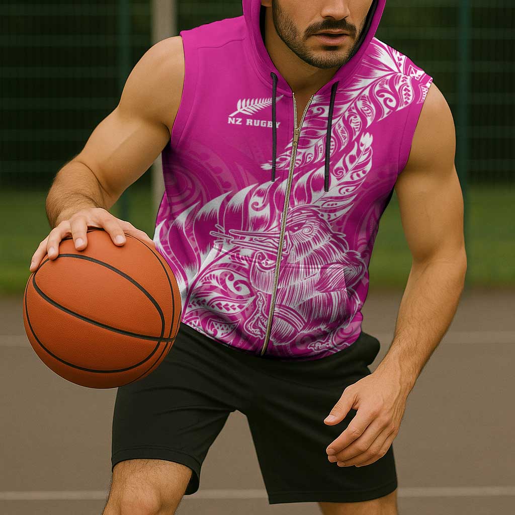 Custom New Zealand Rugby Silver Fern Sleeveless Zip Hoodie Aotearoa Kiwi Maori Pink Version - Polynesian Pride