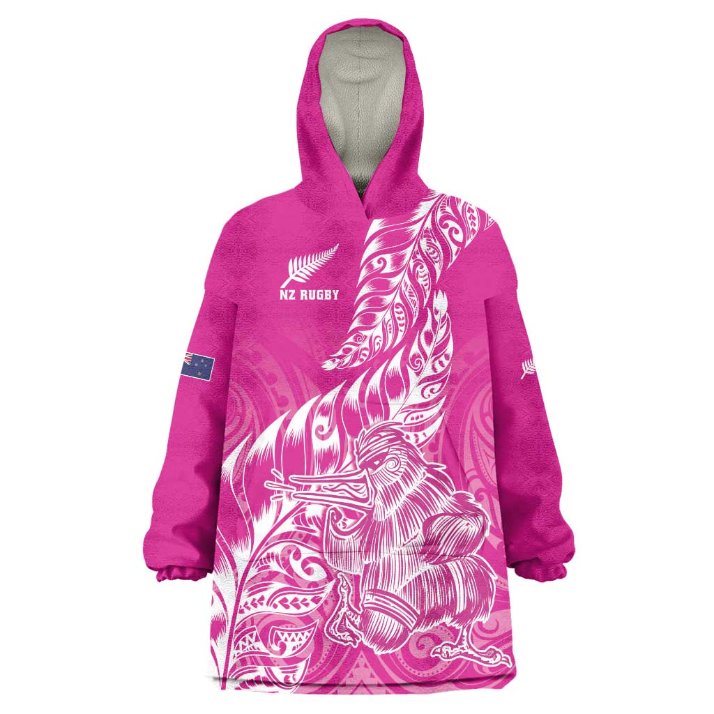 Custom New Zealand Rugby Silver Fern Wearable Blanket Hoodie Aotearoa Kiwi Maori Pink Version - Polynesian Pride