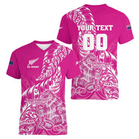 Custom New Zealand Rugby Silver Fern Women V-Neck T-Shirt Aotearoa Kiwi Maori Pink Version - Polynesian Pride