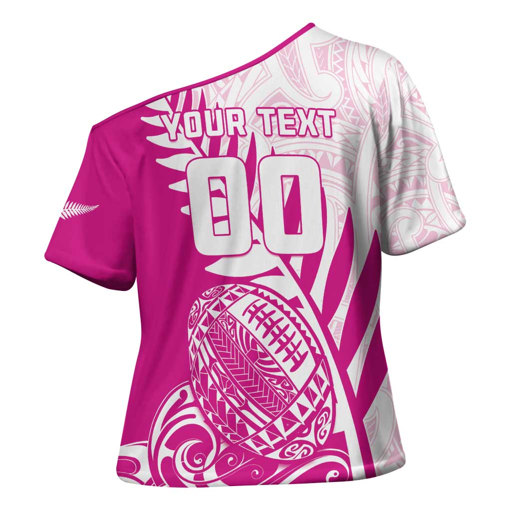 Custom New Zealand Rugby Silver Fern Cross Shoulder Shirt Aotearoa Maori Pink Version - Polynesian Pride