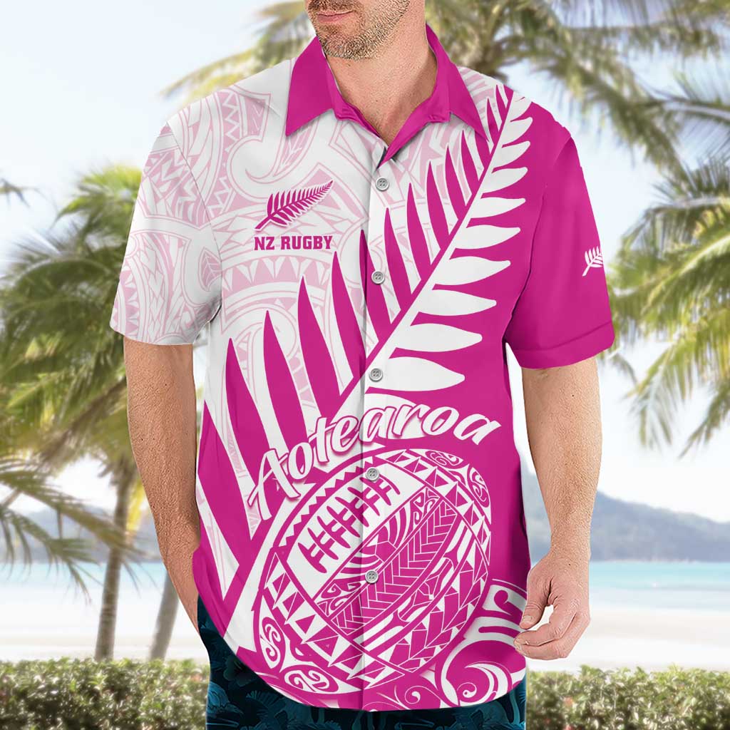 Custom New Zealand Rugby Silver Fern Hawaiian Shirt Aotearoa Maori Pink Version - Polynesian Pride