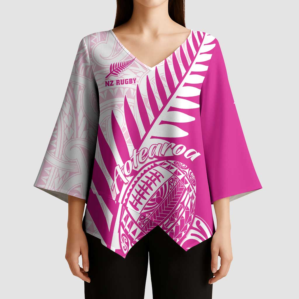 Custom New Zealand Rugby Silver Fern Kimono Sleeve Blouse Aotearoa Maori Pink Version - Polynesian Pride