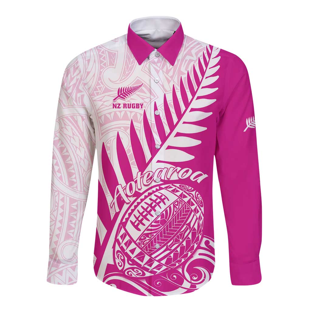 Custom New Zealand Rugby Silver Fern Long Sleeve Button Shirt Aotearoa Maori Pink Version - Polynesian Pride