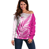 Custom New Zealand Rugby Silver Fern Off Shoulder Sweater Aotearoa Maori Pink Version - Polynesian Pride