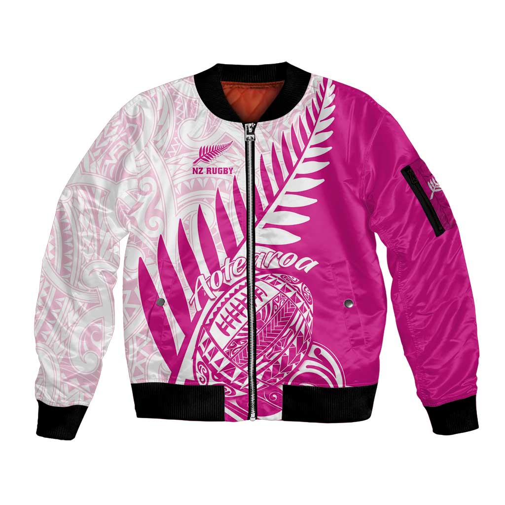 Custom New Zealand Rugby Silver Fern Sleeve Zip Bomber Jacket Aotearoa Maori Pink Version - Polynesian Pride