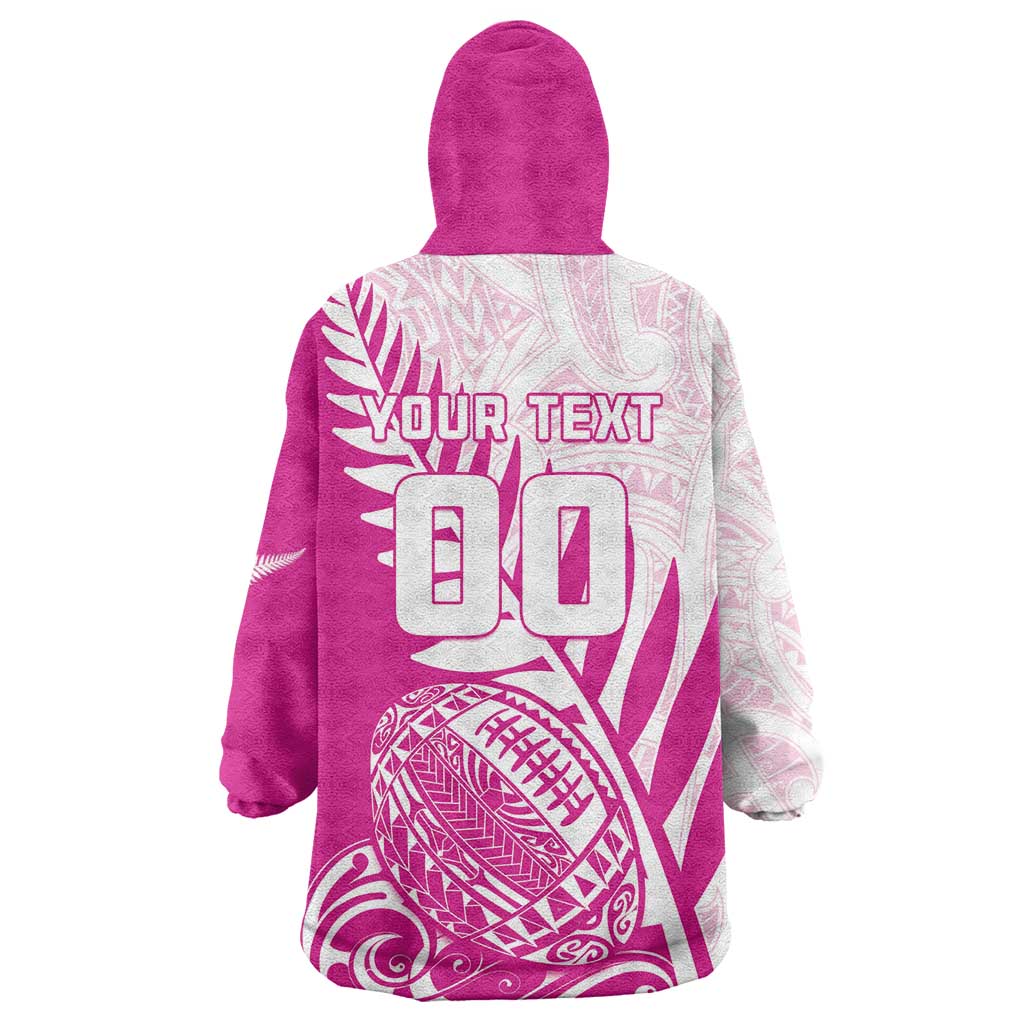 Custom New Zealand Rugby Silver Fern Wearable Blanket Hoodie Aotearoa Maori Pink Version - Polynesian Pride