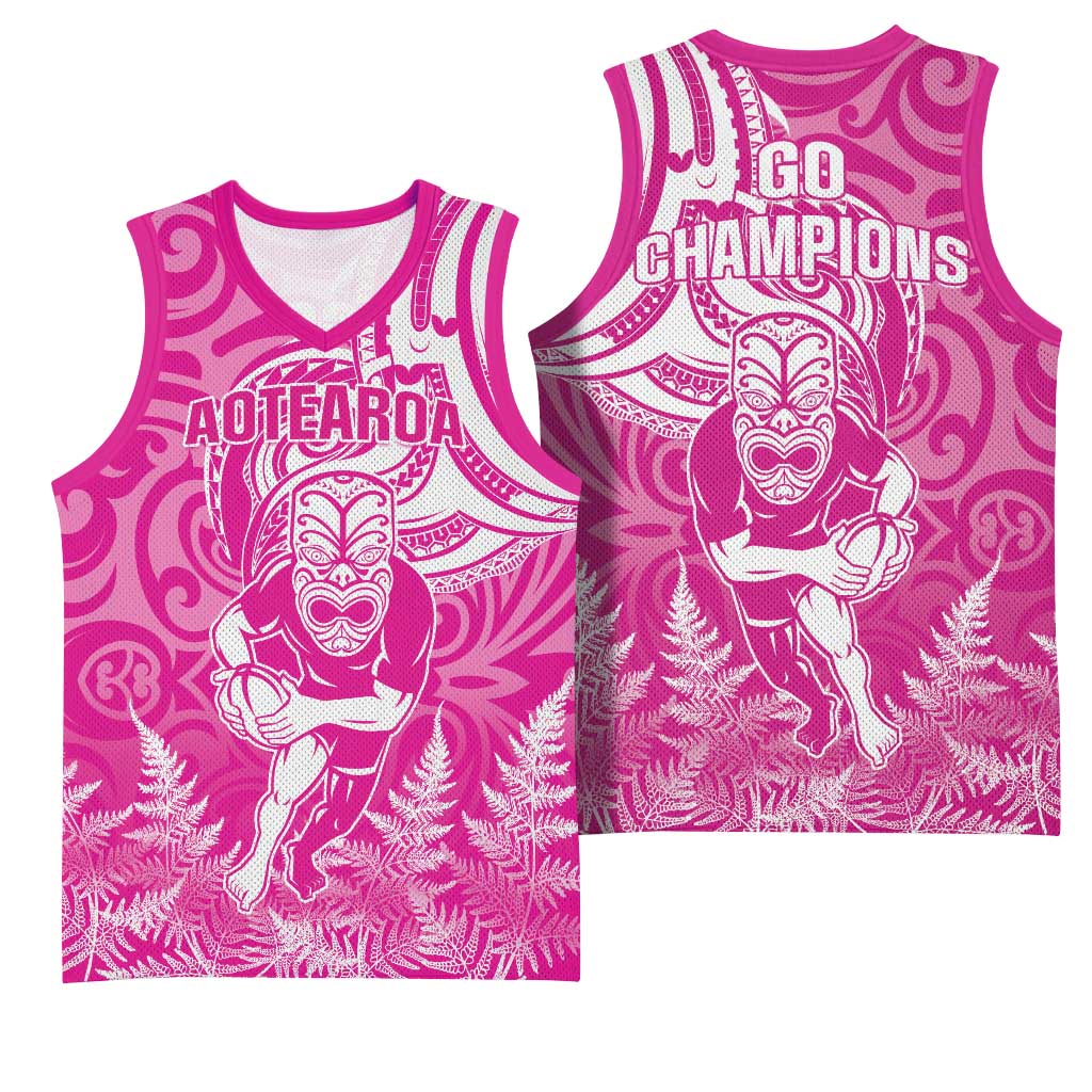 New Zealand Silver Fern Rugby All Pink Basketball Jersey Maori Tiki Player With Ta Moko Tribal - Polynesian Pride