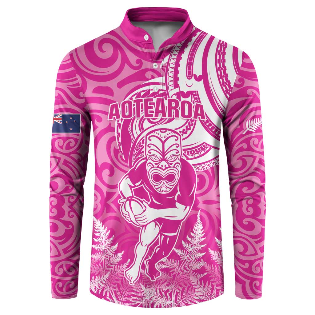 New Zealand Silver Fern Rugby All Pink Button Sweatshirt Maori Tiki Player With Ta Moko Tribal - Polynesian Pride