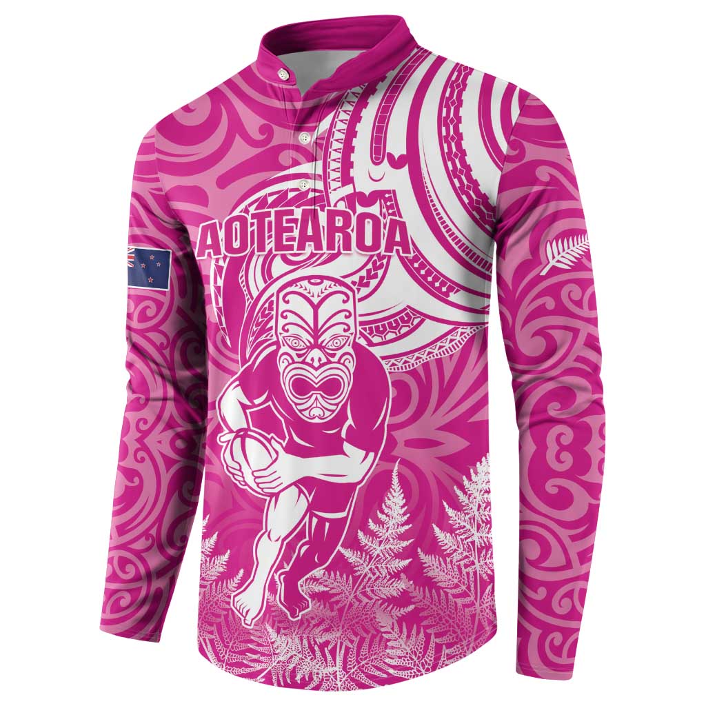 New Zealand Silver Fern Rugby All Pink Button Sweatshirt Maori Tiki Player With Ta Moko Tribal - Polynesian Pride