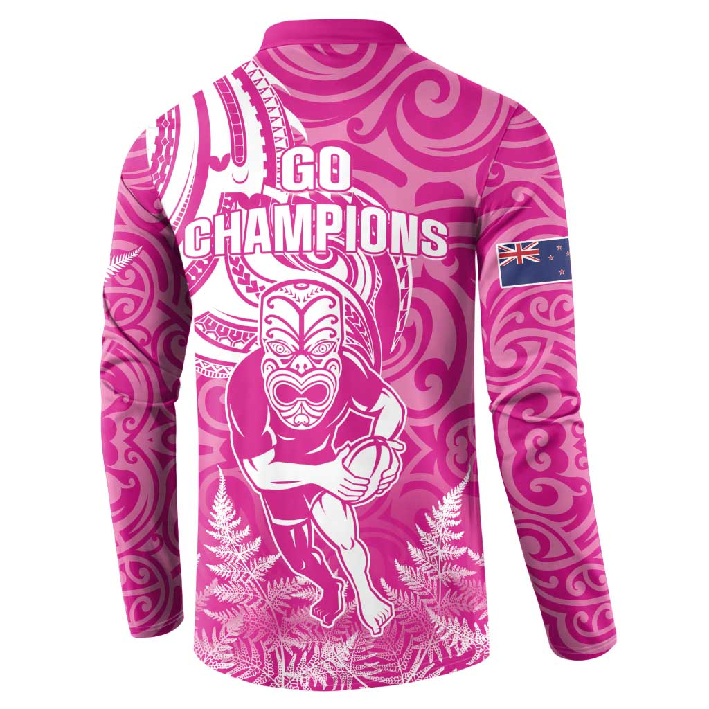 New Zealand Silver Fern Rugby All Pink Button Sweatshirt Maori Tiki Player With Ta Moko Tribal - Polynesian Pride