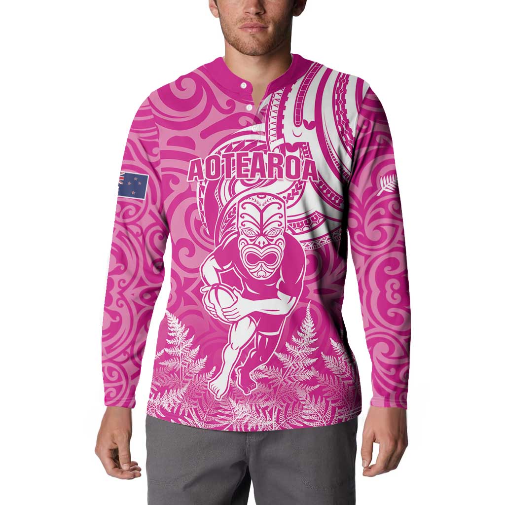 New Zealand Silver Fern Rugby All Pink Button Sweatshirt Maori Tiki Player With Ta Moko Tribal - Polynesian Pride