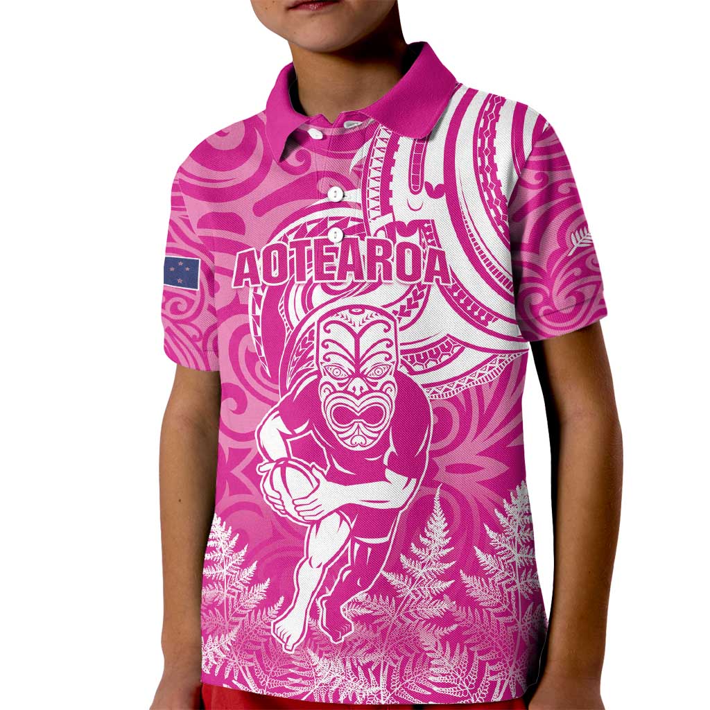 New Zealand Silver Fern Rugby All Pink Kid Polo Shirt Maori Tiki Player With Ta Moko Tribal - Polynesian Pride