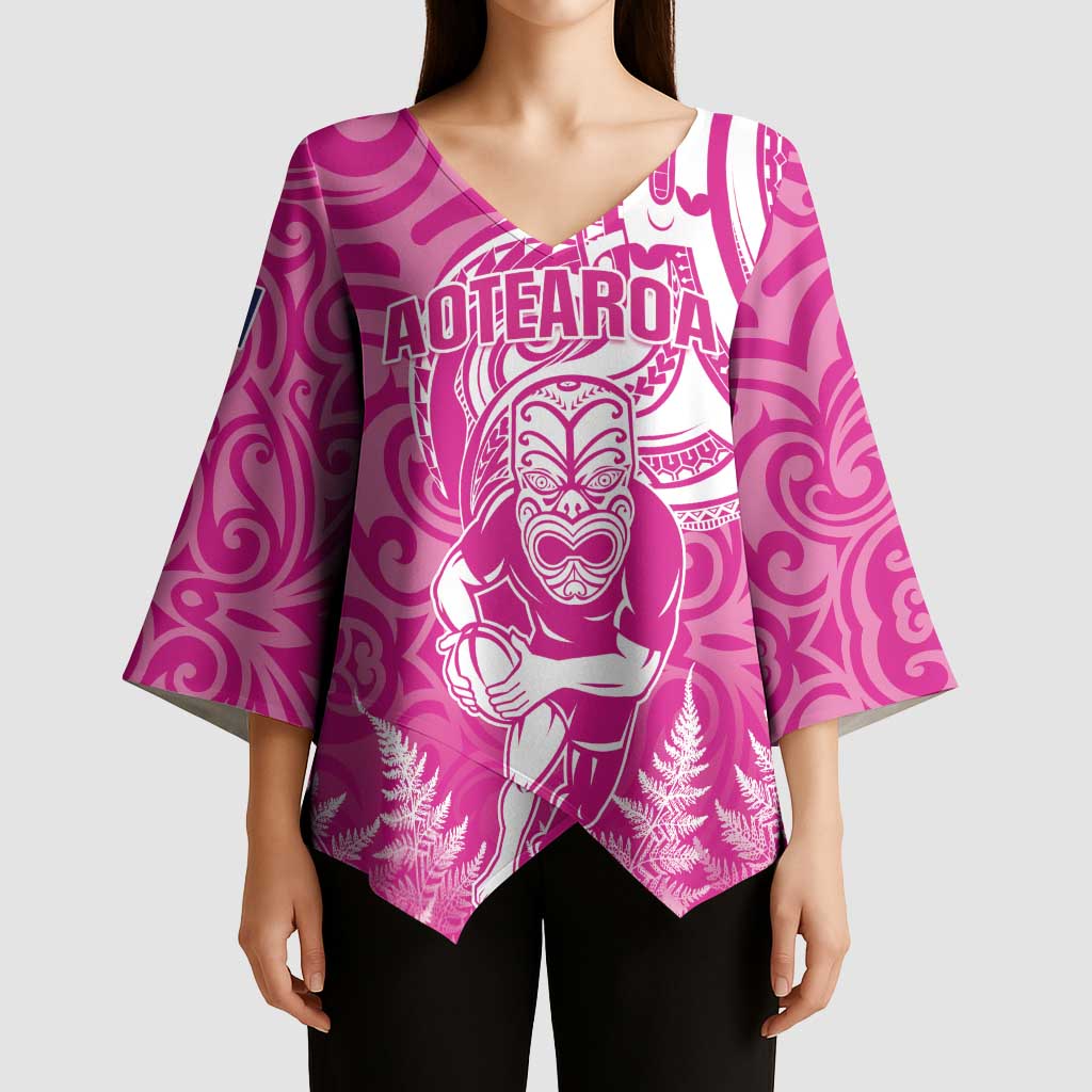 New Zealand Silver Fern Rugby All Pink Kimono Sleeve Blouse Maori Tiki Player With Ta Moko Tribal - Polynesian Pride