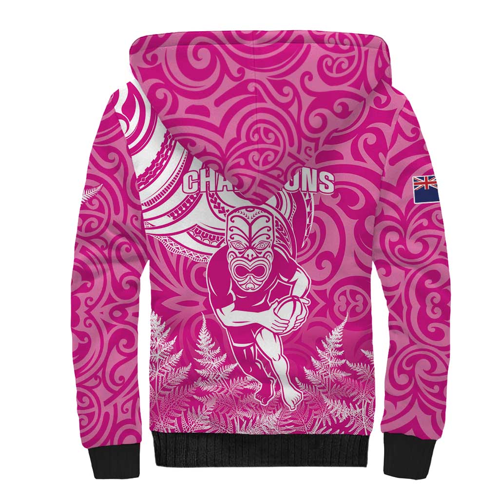 New Zealand Silver Fern Rugby All Pink Sherpa Hoodie Maori Tiki Player With Ta Moko Tribal - Polynesian Pride