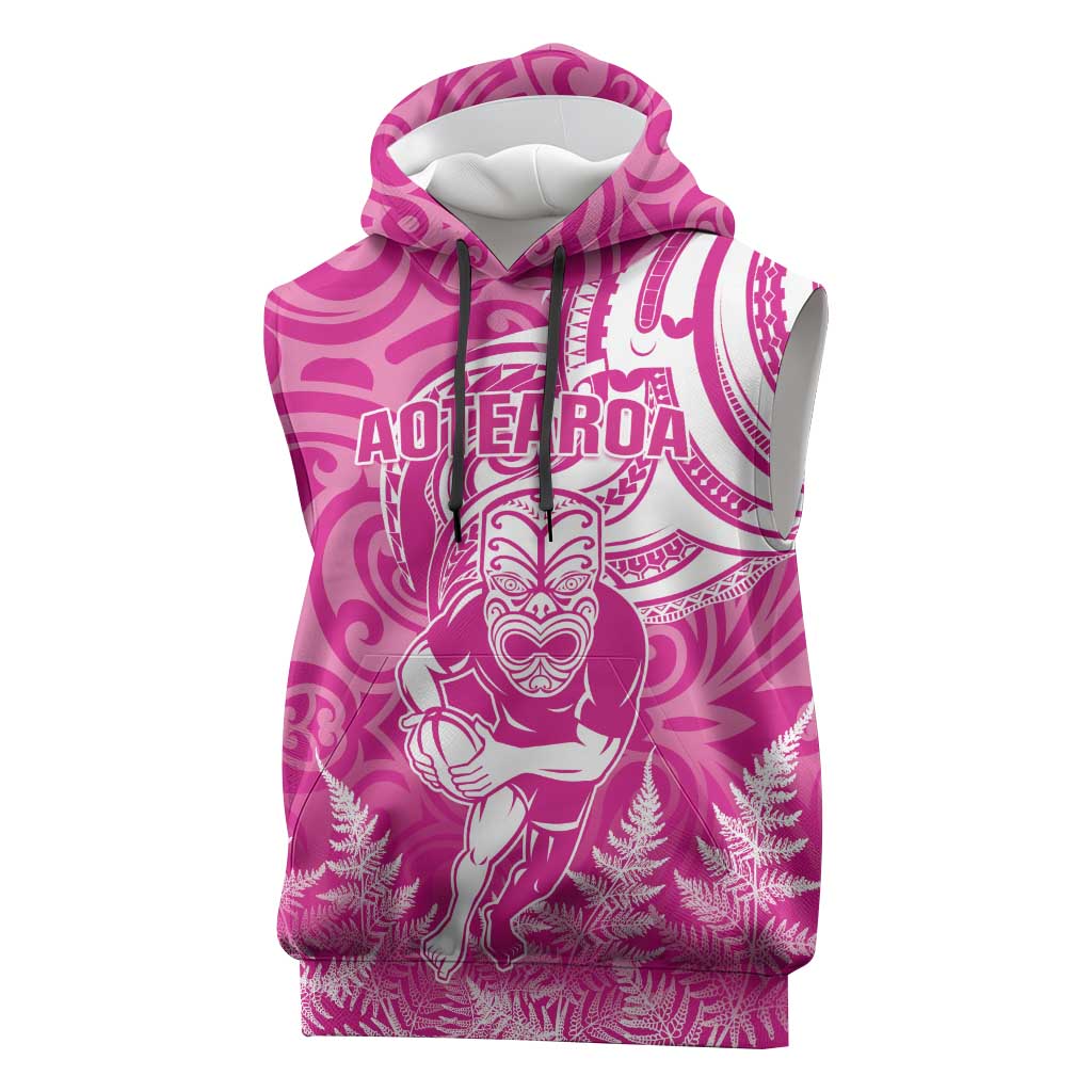 New Zealand Silver Fern Rugby All Pink Sleeveless Hoodie Maori Tiki Player With Ta Moko Tribal - Polynesian Pride