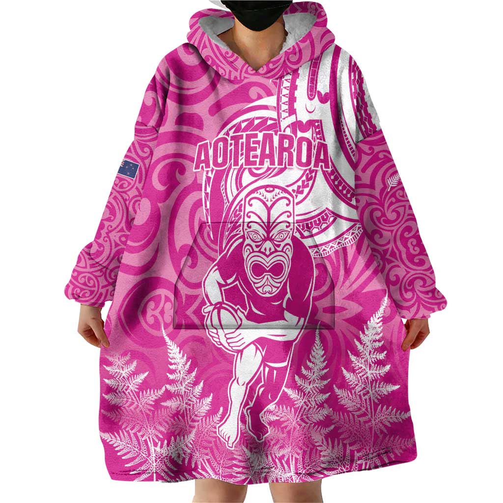 New Zealand Silver Fern Rugby All Pink Wearable Blanket Hoodie Maori Tiki Player With Ta Moko Tribal - Polynesian Pride