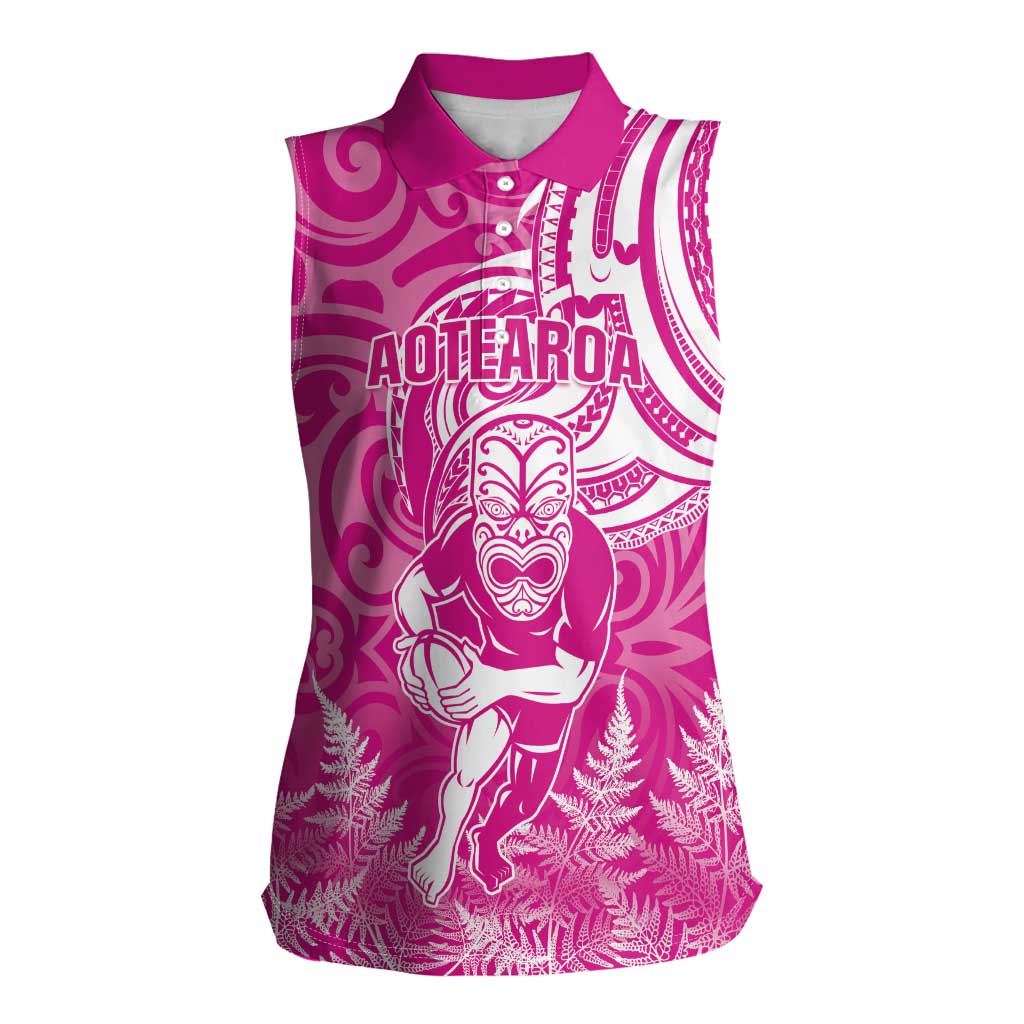 New Zealand Silver Fern Rugby All Pink Women Sleeveless Polo Shirt Maori Tiki Player With Ta Moko Tribal - Polynesian Pride
