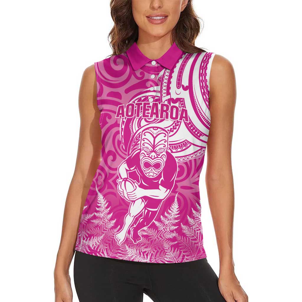 New Zealand Silver Fern Rugby All Pink Women Sleeveless Polo Shirt Maori Tiki Player With Ta Moko Tribal - Polynesian Pride