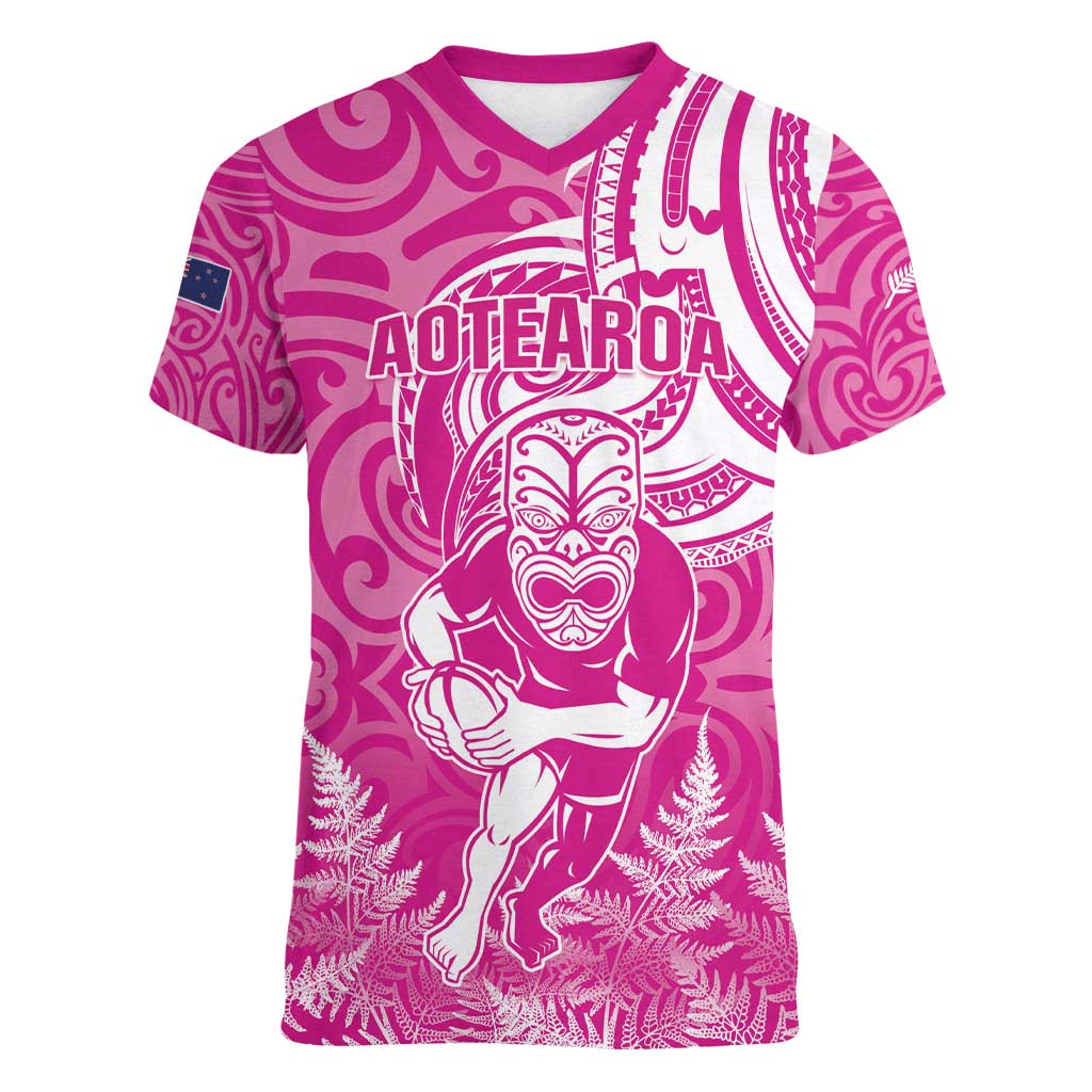 New Zealand Silver Fern Rugby All Pink Women V-Neck T-Shirt Maori Tiki Player With Ta Moko Tribal - Polynesian Pride