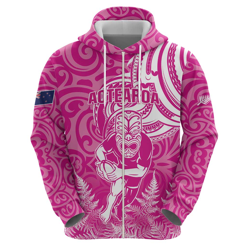 New Zealand Silver Fern Rugby All Pink Zip Hoodie Maori Tiki Player With Ta Moko Tribal - Polynesian Pride