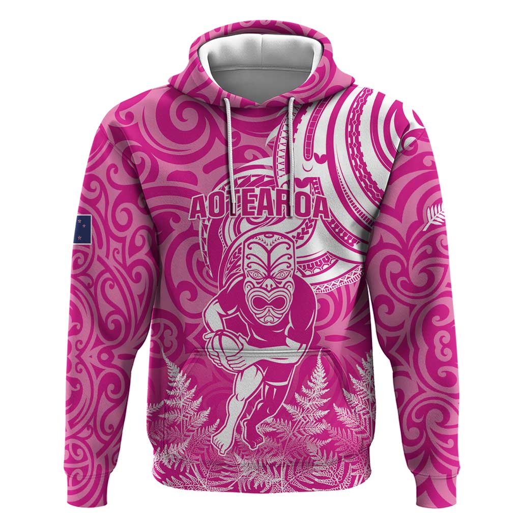 New Zealand Silver Fern Rugby All Pink Zip Hoodie Maori Tiki Player With Ta Moko Tribal - Polynesian Pride
