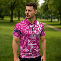 New Zealand Silver Fern Rugby All Pink Zipper Polo Shirt Maori Tiki Player With Ta Moko Tribal - Polynesian Pride