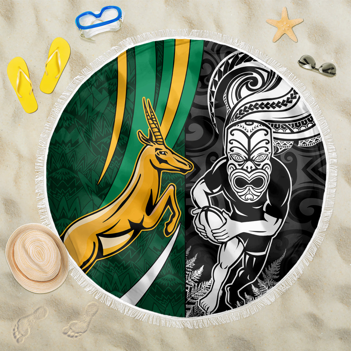 New Zealand and South Africa Rugby Beach Blanket Silver Fern Protea Pattern World Cup 2023 LT01 One Size 150cm Art - Wonder Print Shop