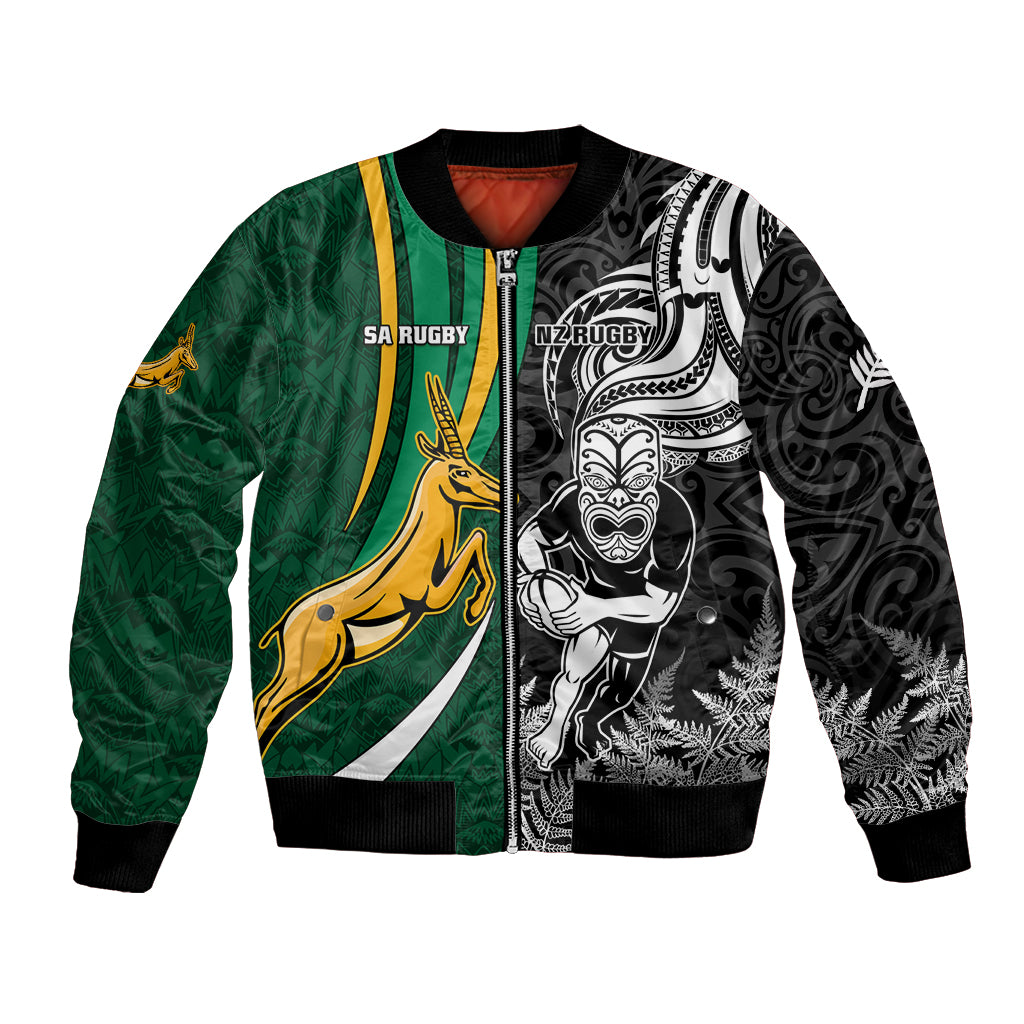 Custom New Zealand and South Africa Rugby Bomber Jacket Silver Fern Protea Pattern World Cup 2023 LT01 Unisex Art - Polynesian Pride