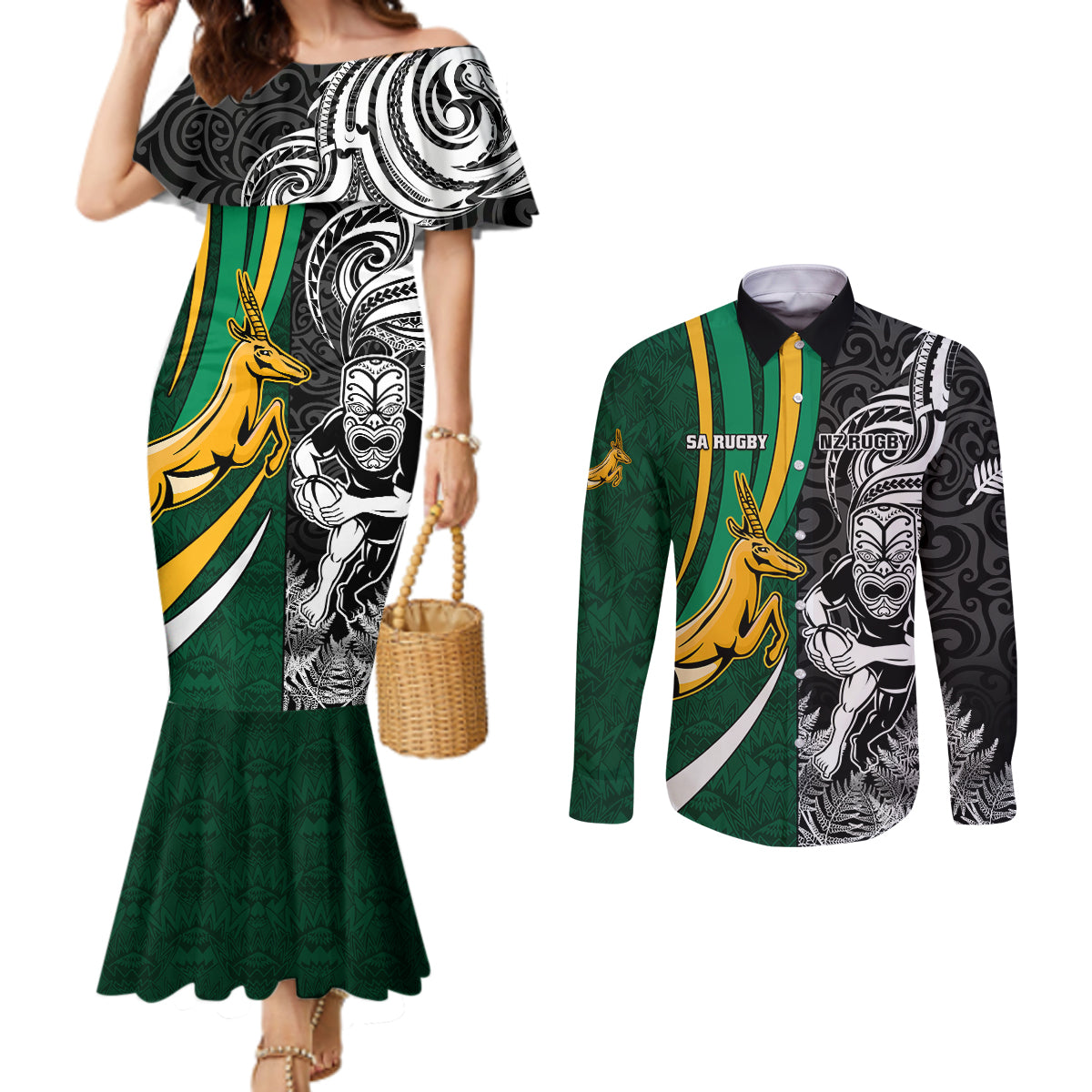 Custom New Zealand and South Africa Rugby Couples Matching Mermaid Dress and Long Sleeve Button Shirt Silver Fern Protea Pattern World Cup 2023 LT01 Art - Polynesian Pride