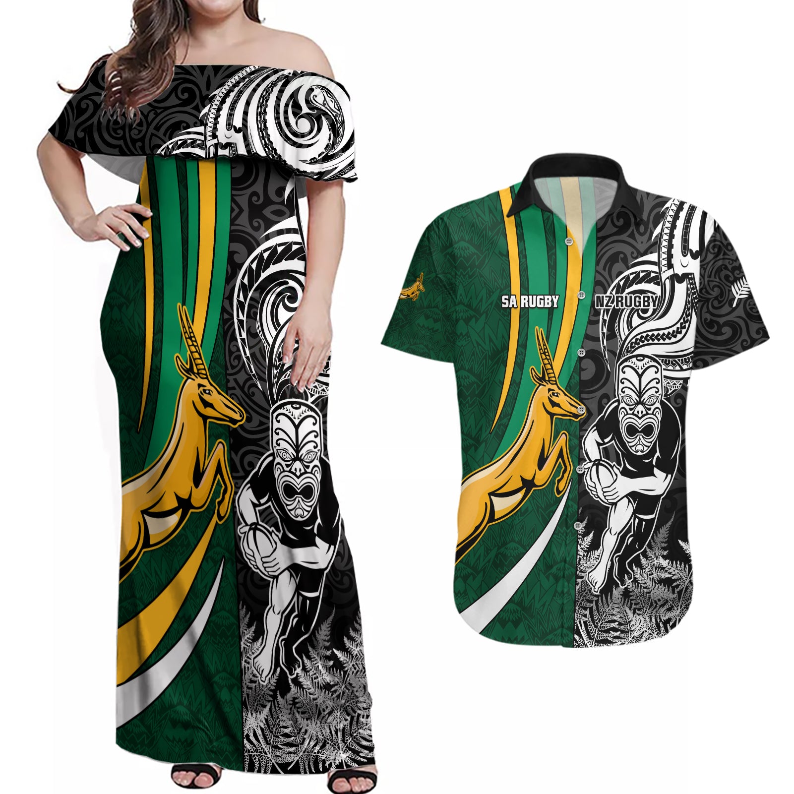 Custom New Zealand and South Africa Rugby Couples Matching Off Shoulder Maxi Dress and Hawaiian Shirt Silver Fern Protea Pattern World Cup 2023 LT01 Art - Polynesian Pride